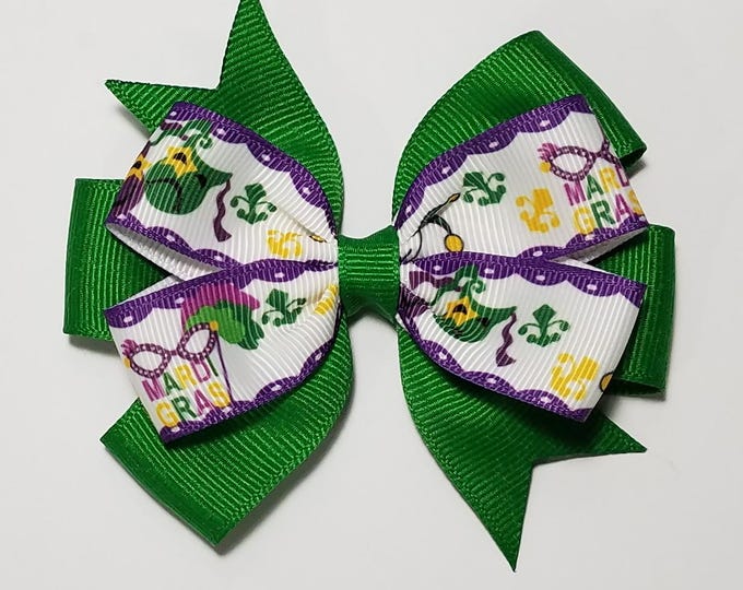 3.5" Mardi Gras Hair Bow *You Choose Solid Bow Color*