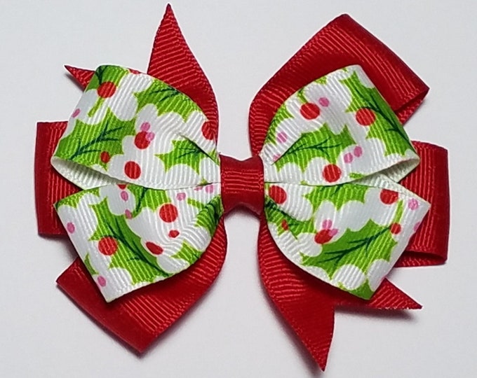 3.5" Christmas Holly Hair Bow *You Choose Solid Bow Color*