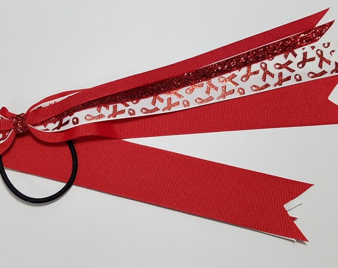 Red Awareness Ribbon Ponytail Streamer *You Choose Solid Ribbon Color- Glitter Color & Length*