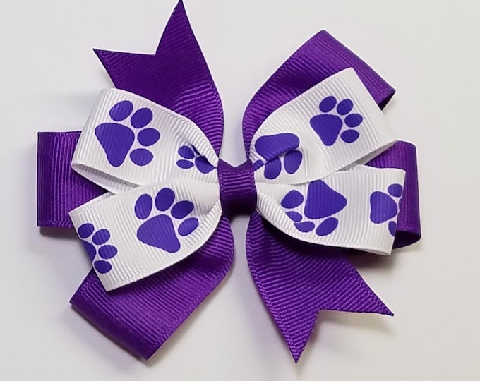 3.5" Purple Paw Print Hair Bow *You Choose Solid Bow Color*