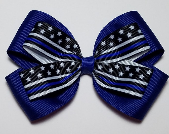 5" Police Blue Line Hair Bow *You Choose Solid Bow Color*