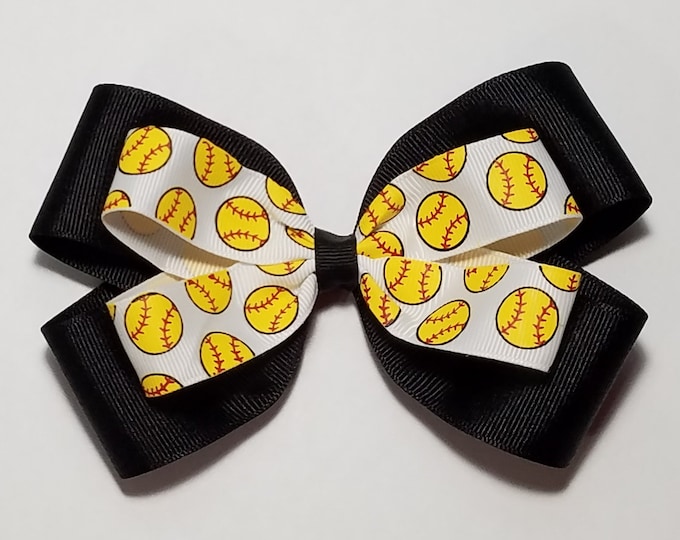 5" Softball Print Hair Bow *You Choose Solid Bow Color*