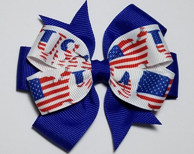 3.5" USA Flag Hair Bow *You Choose Solid Bow Color*