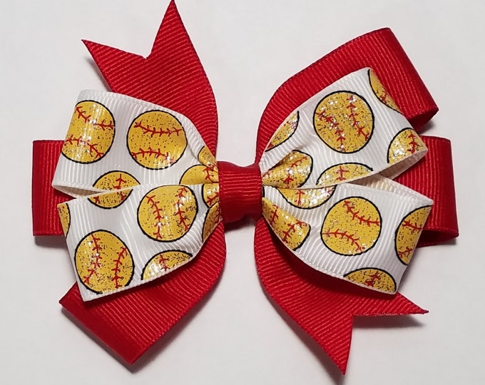 3.5" Softball Glitter Hair Bow *You Choose Solid Bow Color*