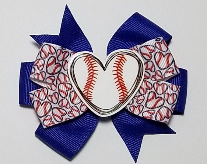 3.5" Baseball Heart Hair Bow *You Choose Solid Bow Color*