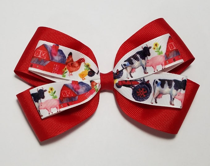 5" Farm Barnyard Animals Hair Bow *You Choose Solid Bow Color*