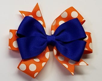 3.5" Royal Blue Orange Polka Dot Team Sport School Colors Hair Bow *You Choose Solid Bow Color*