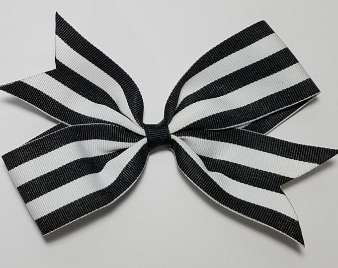 5" Black White Stripe Woven Ribbon Hair Bow *CLEARANCE*