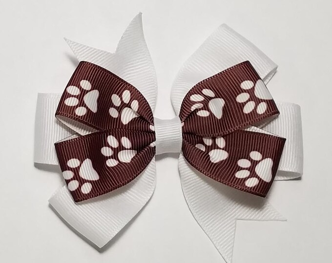 3.5" Paw Print Maroon White Hair Bow *You Choose Solid Bow Color*