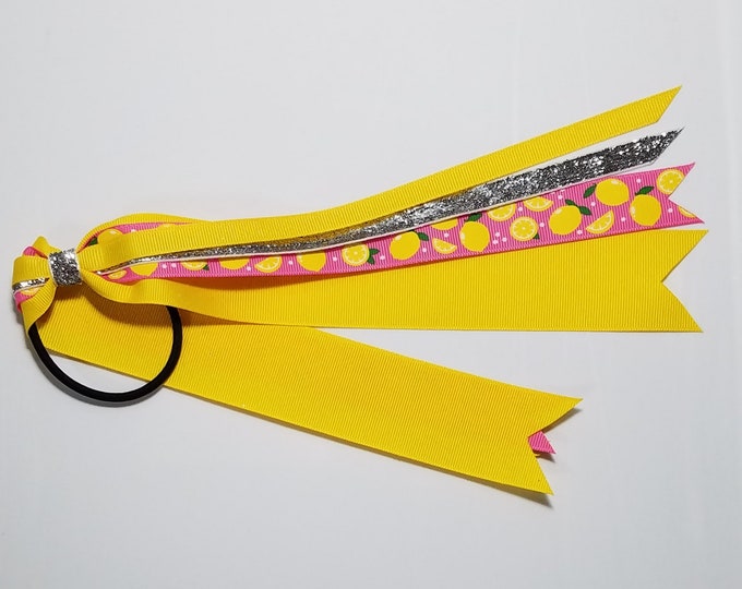 Lemon Print Ponytail Streamer *You Choose Solid Ribbon Color- Glitter Color & Length*