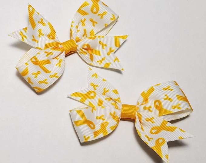 3" Yellow Gold Childhood Cancer Awareness Ribbon Pigtail Two Loop Style Hair Bow on Alligator Clip