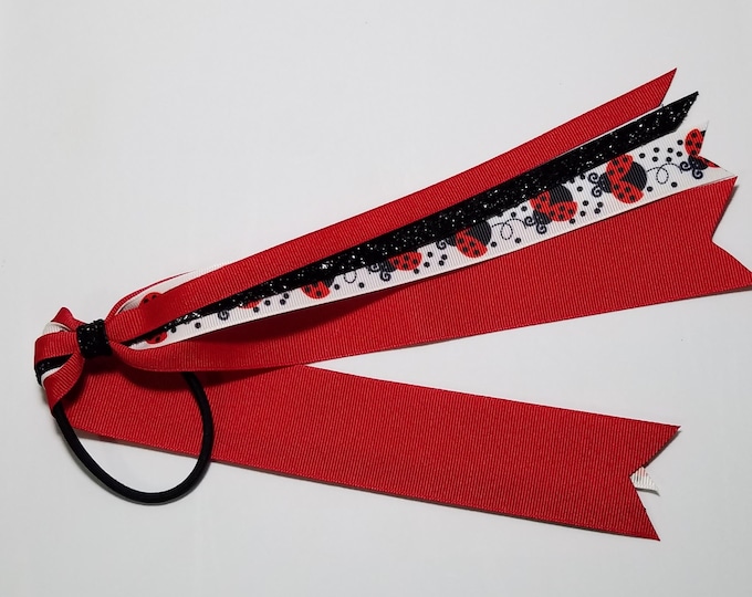 Ladybug Ponytail Streamer *You Choose Solid Ribbon Color- Glitter Color & Length*