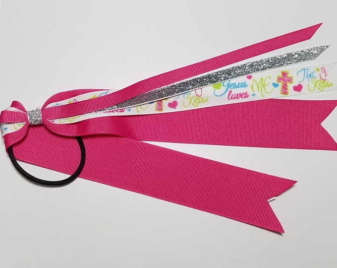 Jesus Loves Me Glitter Ponytail Streamer *You Choose Solid Ribbon Color- Glitter Color & Length*