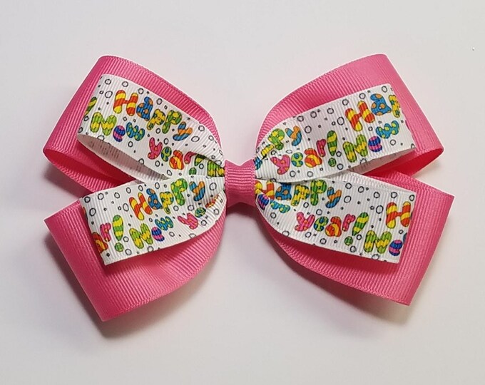 5" Happy New Year Hair Bow *You Choose Solid Bow Color*
