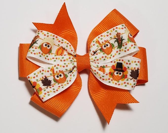 3.5" Thanksgiving Owls Hair Bow *You Choose Solid Bow Color*