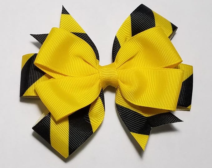 3.5" Caution Tape DANGER Hair Bow *You Choose Solid Bow Color*