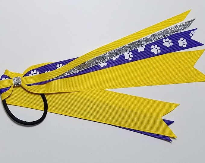 Purple Paw Print Ponytail Streamer *You Choose Solid Ribbon Color- Glitter Color & Length*