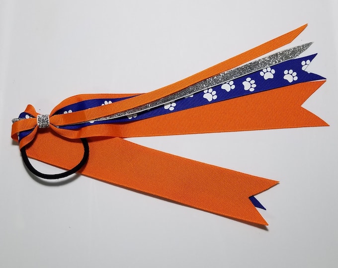 Royal Blue Paw Print Ponytail Streamer *You Choose Solid Ribbon Color- Glitter Color & Length*