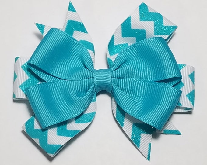 3.5" Navajo Turquoise Glitter Hair Bow *You Choose Solid Bow Color*