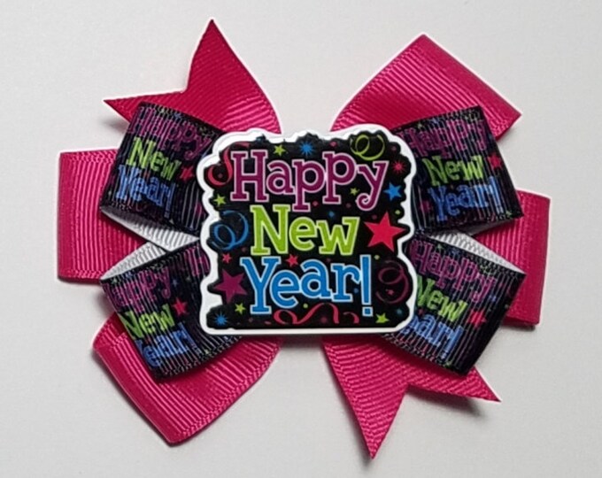 3.5" Happy New Year Hair Bow *You Choose Solid Bow Color*