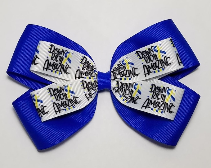 5" Down Syndrome Yellow Royal Blue Awareness Ribbon Hair Bow *You Choose Solid Bow Color*