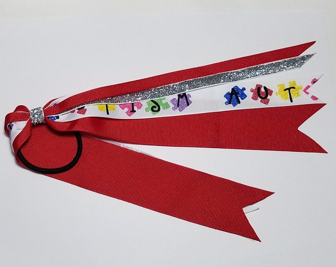 Autism Awareness Ponytail Streamer *You Choose Solid Ribbon Color- Glitter Color & Length*