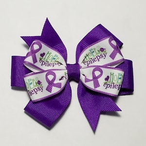 3.5&quot; Epilepsy Purple Awareness Ribbon Hair Bow *You Choose Solid Bow Color*