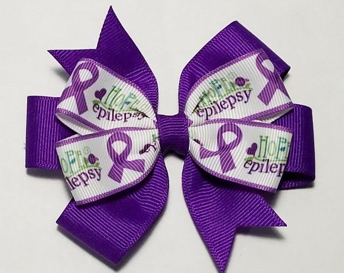 3.5" Epilepsy Purple Awareness Ribbon Hair Bow *You Choose Solid Bow Color*