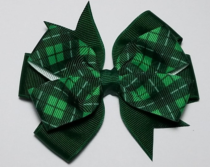 3.5" Green Plaid Hair Bow *You Choose Solid Bow Color*