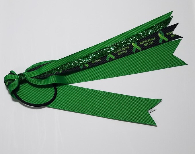 Mental Health Green Awareness Ribbon Ponytail Streamer *You Choose Solid Ribbon Color- Glitter Color & Length*