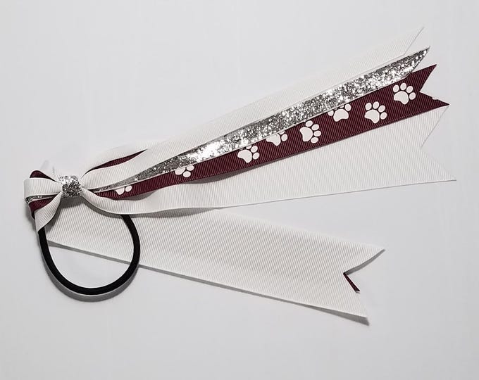 Maroon White Paw Print Ponytail Streamer *You Choose Solid Ribbon Color- Glitter Color & Length*