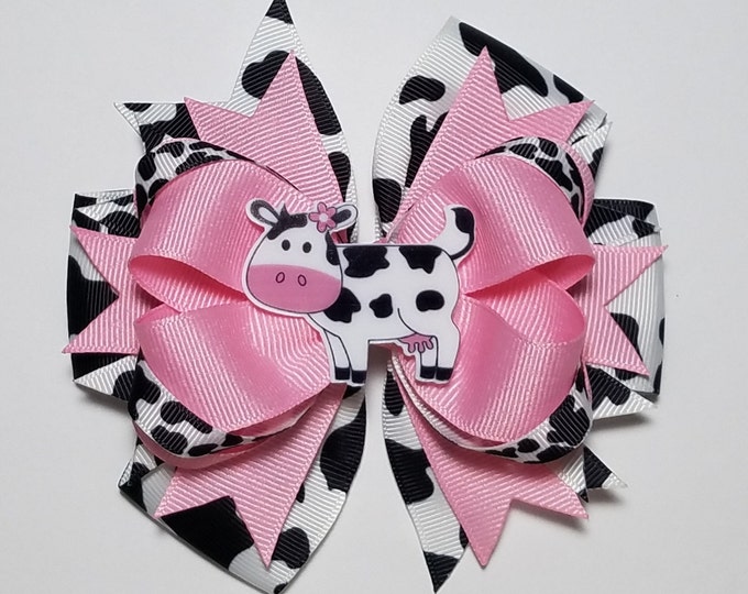 5" Cow Print OTT Hair Bow *You Choose Solid Ribbon Color*