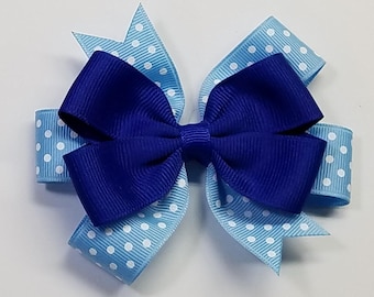 3.5" Royal Blue Light Blue Polka Dot Team Sport School Colors Hair Bow *You Choose Solid Bow Color*