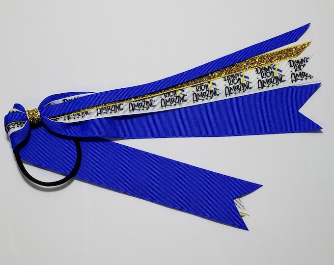 Down Syndrome Yellow Blue Awareness Ribbon Ponytail Streamer *You Choose Solid Ribbon Color- Glitter Color & Length*