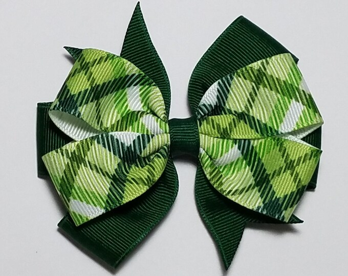 3.5" Green Plaid St. Patrick Hair Bow *You Choose Solid Bow Color*