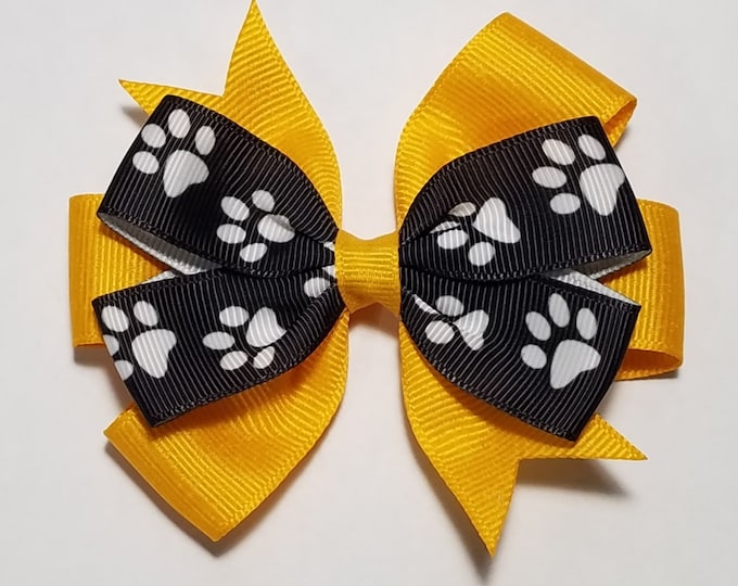 3.5" Black White Paw Print Hair Bow *You Choose Solid Bow Color*