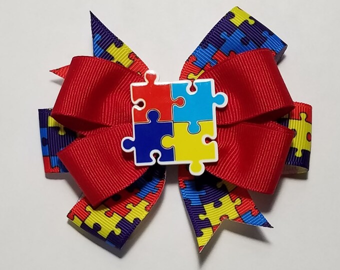 3.5" Autism Awareness Hair Bow *You Choose Solid Bow Color*