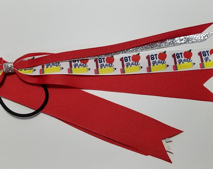 1st Grade Ponytail Streamer *You Choose Solid Ribbon Color- Glitter Color & Length*