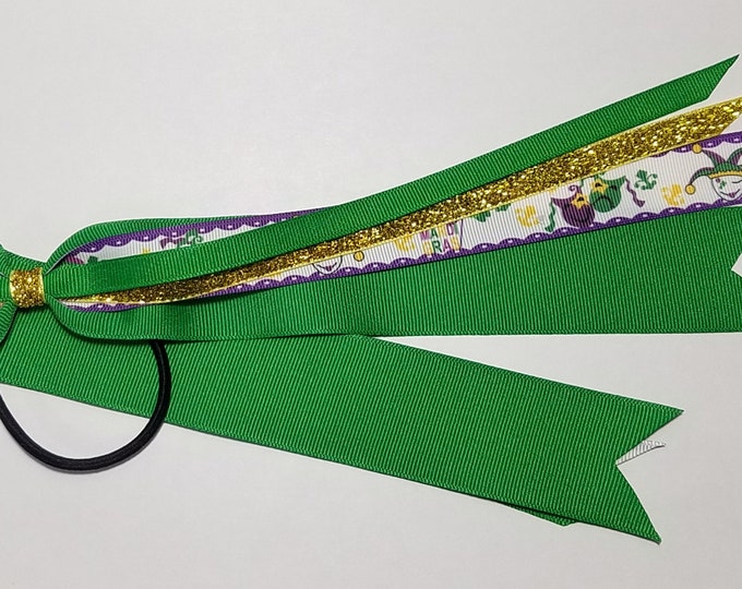 Mardi Gras Ponytail Streamer *You Choose Solid Ribbon Color- Glitter Ribbon Color & Length*