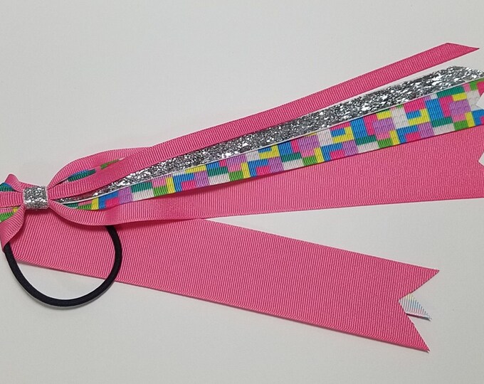 Building Blocks Ponytail Streamer *You Choose Solid Ribbon Color- Glitter Color & Length*