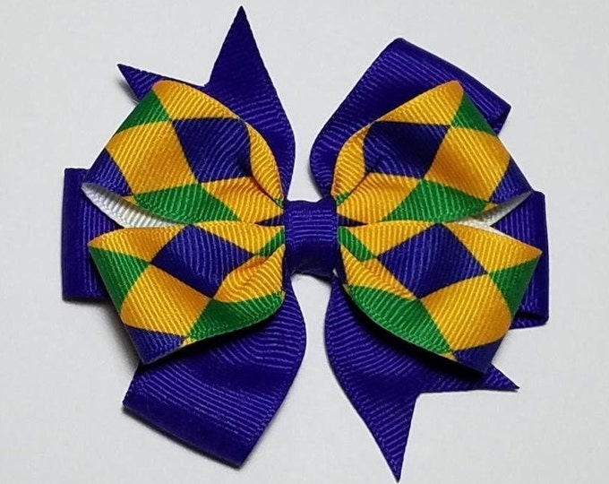 3.5" Mardi Gras Hair Bow *You Choose Solid Bow Color*