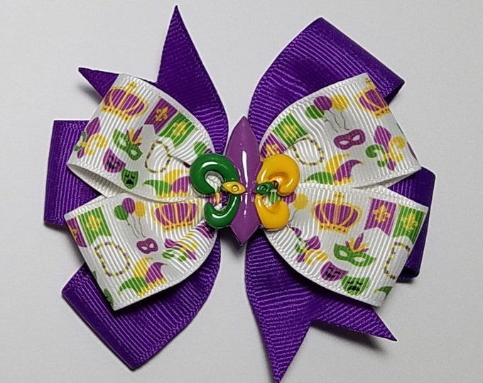 3.5" Mardi Gras Hair Bow *You Choose Solid Bow Color*