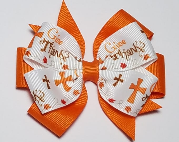 3.5" Give Thanks Hair Bow *You Choose Solid Bow Color*