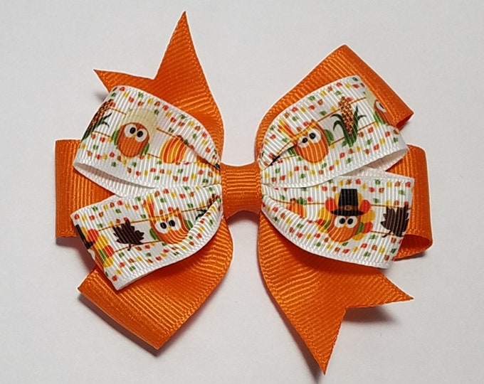 3.5" Thanksgiving Owls Hair Bow *You Choose Solid Bow Color*
