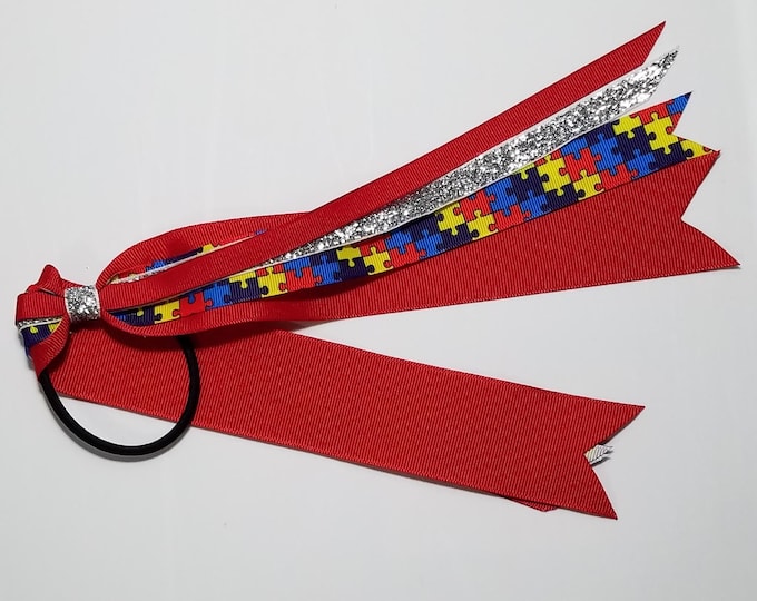 Autism Awareness Ponytail Streamer *You Choose Solid Ribbon Color- Glitter Color & Length*