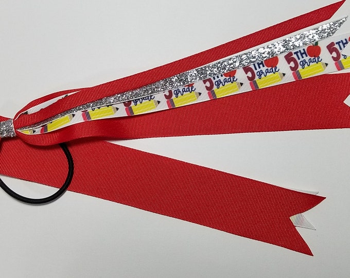 5th Grade Ponytail Streamer *You Choose Solid Ribbon Color- Glitter Color & Length*