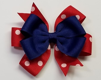 3.5" Light Navy Red Polka Dot Hair Bow *You Choose Solid Bow Color*