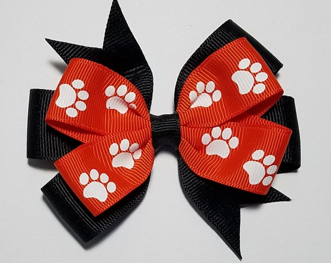 3.5" Orange Paw Print Hair Bow *You Choose Solid Bow Color*