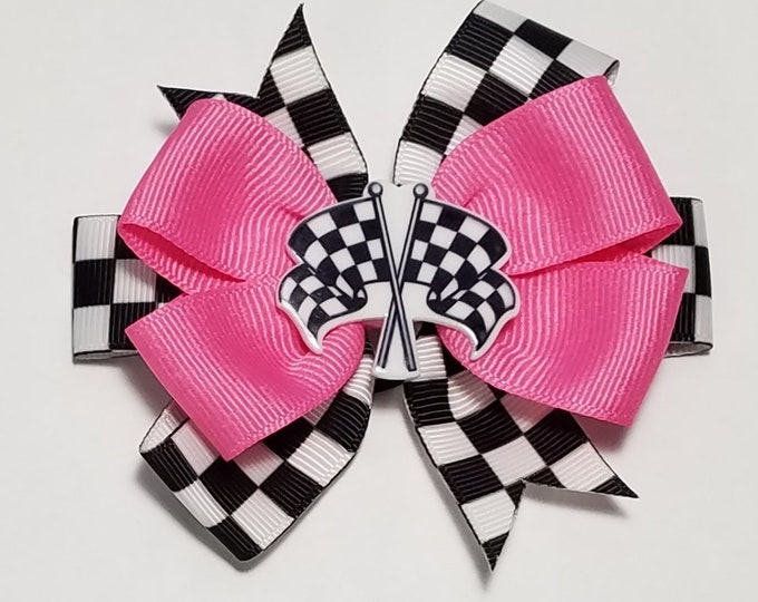 3.5" Checkered Flag Racing Hair Bow *You Choose Solid Bow Color*