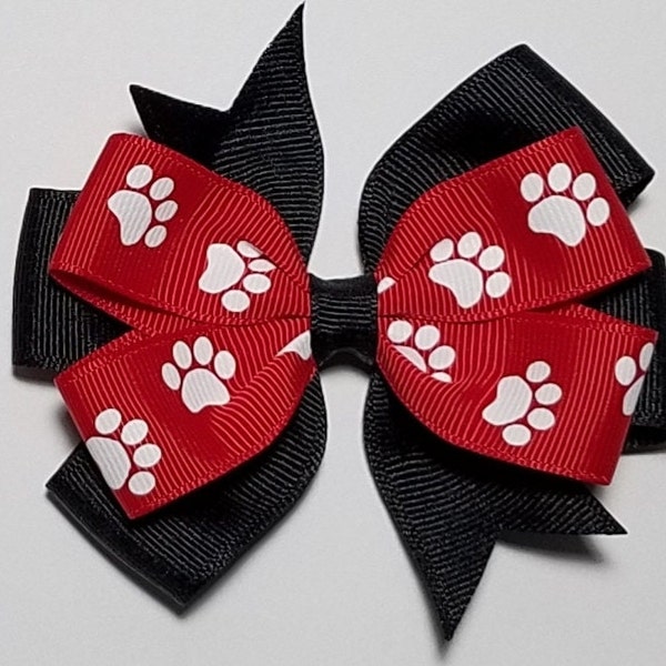 3.5" Red Paw Print Hair Bow *You Choose Solid Bow Color*